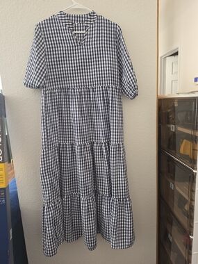 Navy Gingham Tiered Casual Dress